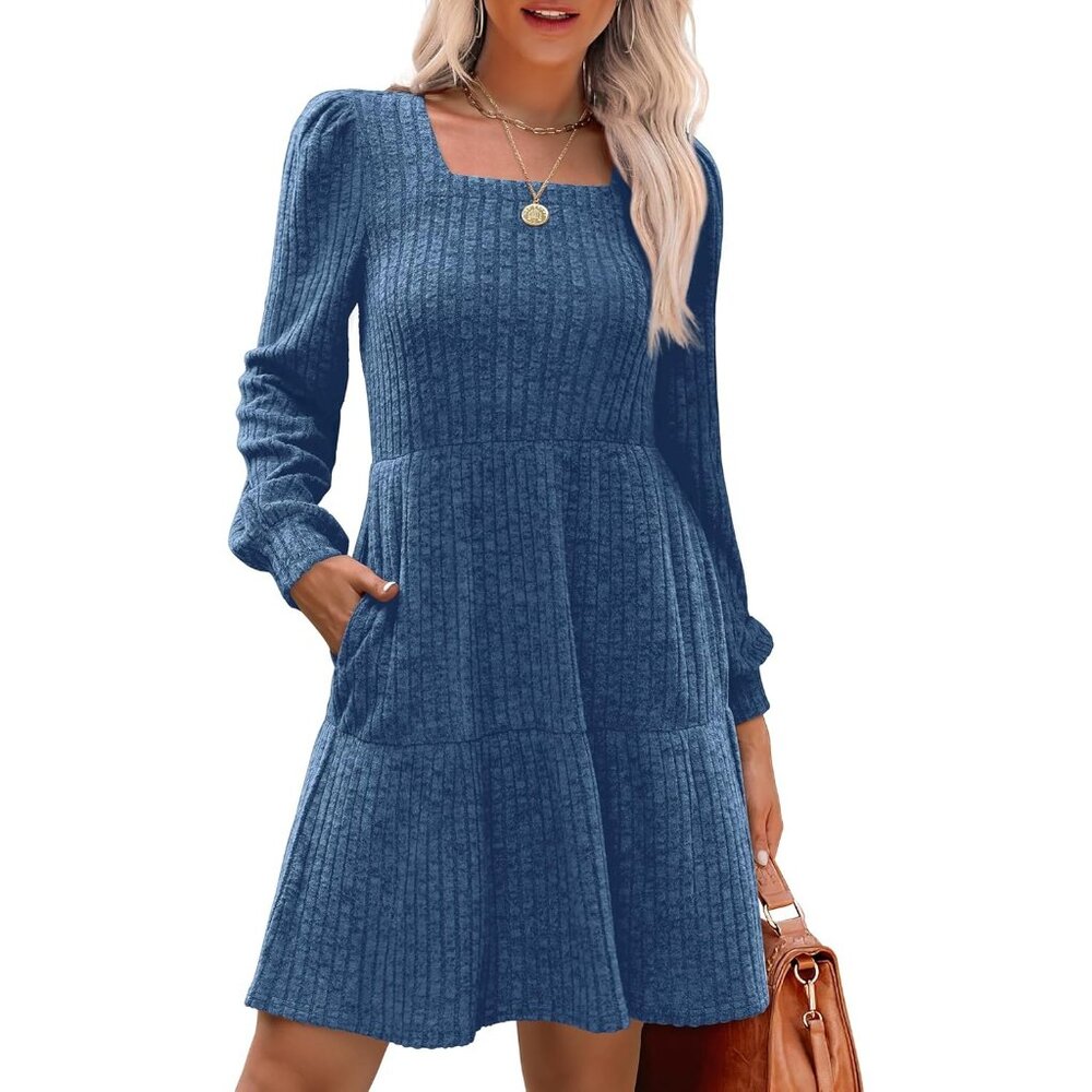 Women Blue Square Neck Long Sleeve Fall Dresses Casual Babydoll Sweater Dress